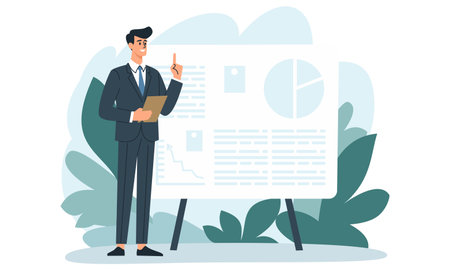 Flat vector illustration. A man in a strict suit is standing in front of a banner, holding a tablet and saying something, pointing with a finger . Vector illustrationのイラスト素材