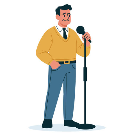 Flat vector illustration. a man in age stands and says something into a microphone, a speaker, a coach. Vector illustrationのイラスト素材
