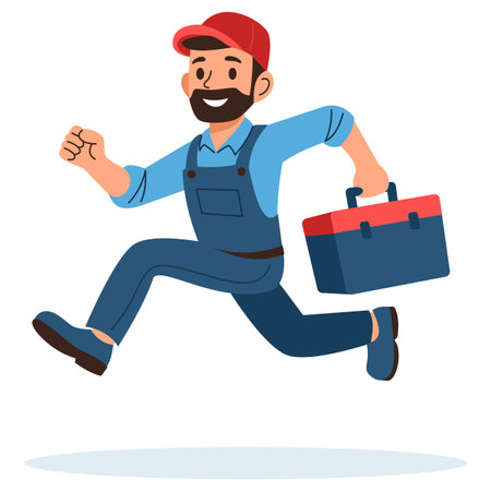 Flat vector illustration. Plumber running and rushing to order, quick help for breakdowns . Vector illustrationのイラスト素材