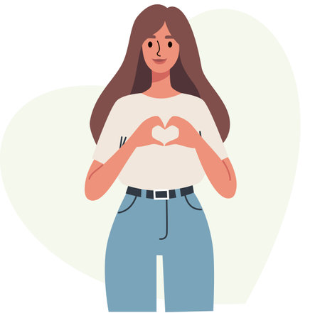 Flat vector illustration. Cute woman standing and showing heart with two hands . Vector illustrationのイラスト素材