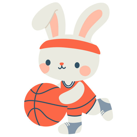 Cute hare in uniform playing basketball. Flat vector illustration in childrens style on white background . Vector illustrationのイラスト素材