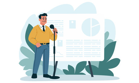 Flat vector illustration. Elderly man is giving presentation, speaking into microphone, presentation banner in the background. Vector illustrationのイラスト素材