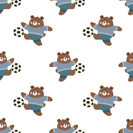 Seamless vector pattern. Cute bear cub in uniform playing soccer. Flat vector illustration in childrens style on white background . Vector illustrationのイラスト素材