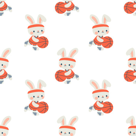 Seamless vector pattern. Cute hare in uniform playing basketball. Flat vector illustration in childrens style on white background . Vector illustrationのイラスト素材
