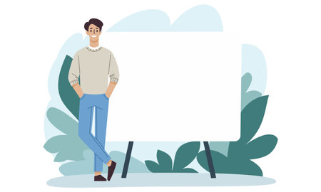 A young man stands with his hands in his pockets, giving a presentation on a large banner. Space for your text . Vector illustrationのイラスト素材