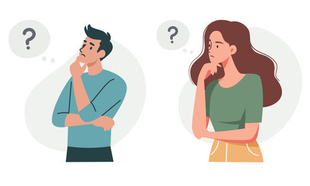 Set of vector illustrations. Man and woman in a pensive pose solving a question. Concept of problem solving . Vector illustrationのイラスト素材