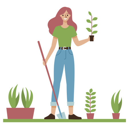 Flat vector illustration. Cute girl planting tree seedlings, doing gardening. Environment protection concept . Vector illustrationのイラスト素材