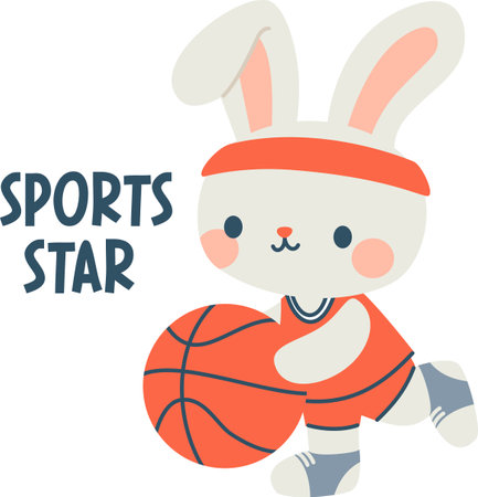Cute hare in uniform playing basketball. Flat vector illustration in childrens style on white background. Sports Star inscription . Vector illustrationのイラスト素材