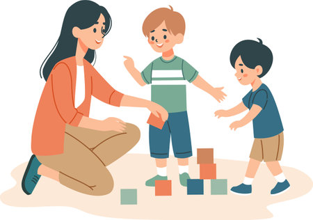 A mom playing dice with her children, a kindergarten teacher with her children. Flat vector illustration, white background . Vector illustrationのイラスト素材