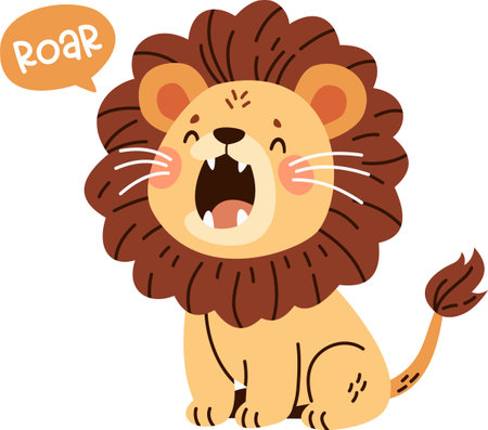 Cute lion roaring loudly with his mouth open. Speech bubble and roar caption. Flat vector illustration in childrens style . Vector illustrationのイラスト素材