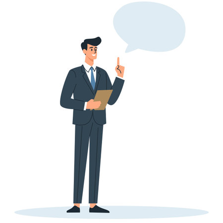 A man in a business suit is holding a clipboard and saying something, a speech bubble for your text. Flat vector illustration, white background . Vector illustrationのイラスト素材