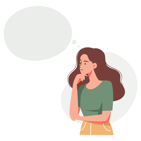 A girl in a pensive pose, thinking about something. A speech bubble for your text. Flat vector illustration on white background . Vector illustrationのイラスト素材