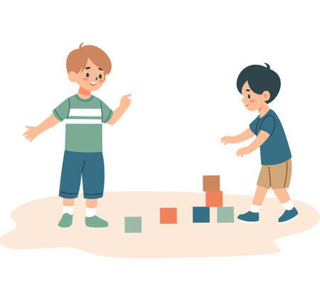 Two boys playing dice, kindergarten. Flat vector illustration, white background . Vector illustrationのイラスト素材