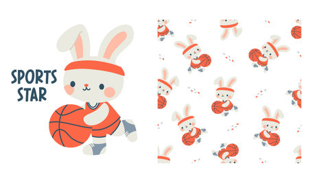 Vector set for printing on childrens products. Cute hare playing basketball, white rabbit with ball. Seamless vector pattern for printing . Vector illustrationのイラスト素材