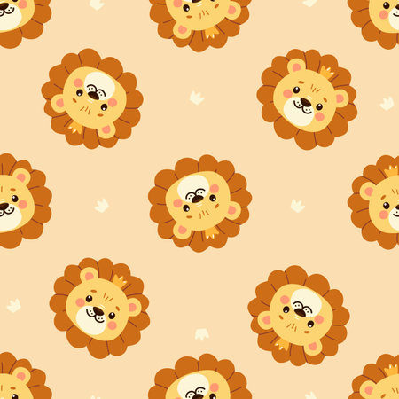 Cute lion faces and a crown. Vector Pattern on beige background for printing on childrens products. Vector illustrationのイラスト素材