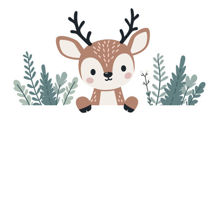 Vector banner in childrens style. Cute reindeer looking out from behind the banner, plants and flowers in Scandinavian style . Vector illustrationのイラスト素材