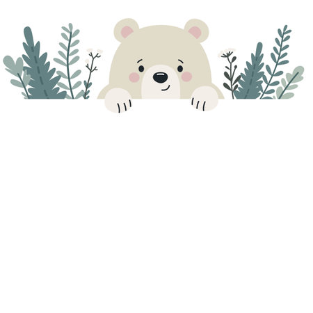 Cute white bear peeking out from behind a banner, green plants and flowers on background. Flat vector illustration on white background, space for your text . Vector illustrationのイラスト素材