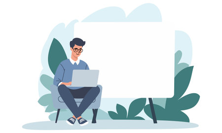 Flat vector illustration. Young man sitting in a chair and working, banner with space for your text. Man giving presentation from home. Vector illustrationのイラスト素材