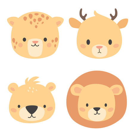 Set of vector cute animal faces. Leopard, lion, bear and deer. Illustrations in childrens style on white background . Vector illustrationのイラスト素材