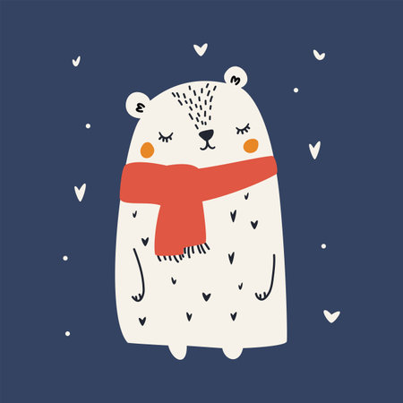 Flat vector illustration in Scandinavian style. Cute bear in scarf, Christmas illustration . Vector illustrationのイラスト素材