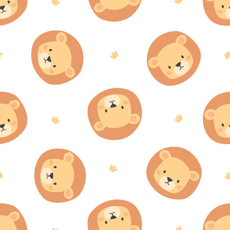 Cute lion faces and a crown. Vector Pattern on white background for printing on childrens products. Vector illustrationのイラスト素材