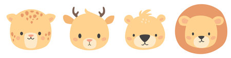 Set of vector cute animal faces. Leopard, lion, bear and deer. Illustrations in childrens style on white background . Vector illustrationのイラスト素材