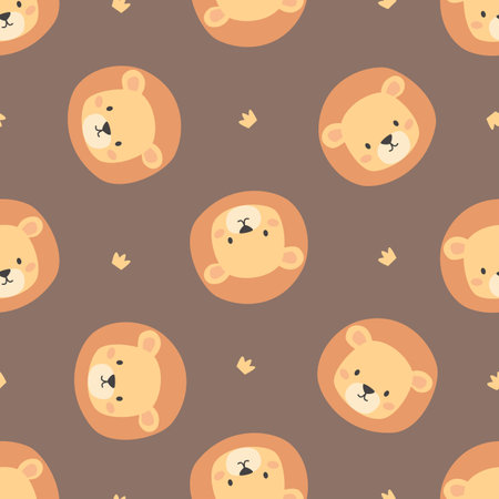 Cute lion faces and a crown. Vector Pattern on brown background for printing on childrens products. Vector illustrationのイラスト素材