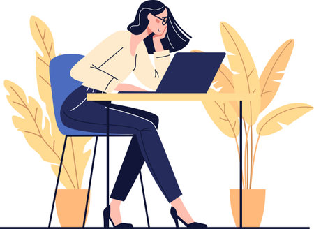 Flat vector illustration. Girl in office clothes working at laptop. . Vector illustrationのイラスト素材
