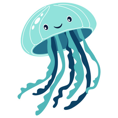 Flat vector illustration in childrens style. Cute jellyfish with smiling face on white background . Vector illustrationのイラスト素材