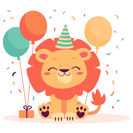 Cute lion cub celebrates his birthday, presents balloons and a birthday cap. Flat vector illustration on white background . Vector illustrationのイラスト素材