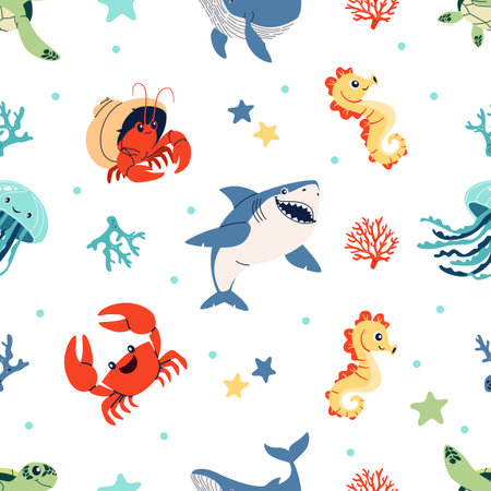 Seamless vector pattern. Cute shark crab crayfish hermit jellyfish turtle seahorse sea stars and corals. Vector illustrationのイラスト素材