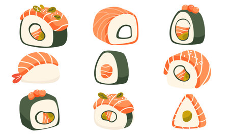 Collection of flat vector illustrations of Chinese food. Different rolls and sushi on white background . Vector illustrationのイラスト素材