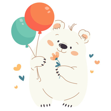 Cute white bear holding balloons and flower in his paws, flat vector illustration on birthday theme. Vector illustrationのイラスト素材