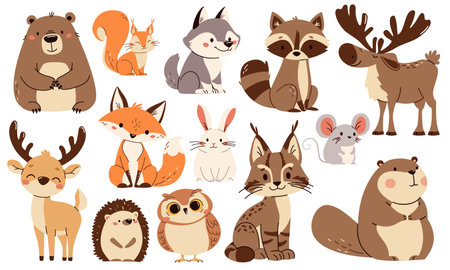 Set of flat vector illustrations. Forest animals, bear mouse hare elk deer hedgehog fox squirrel raccoon beaver lynx owl. Vector illustrationのイラスト素材