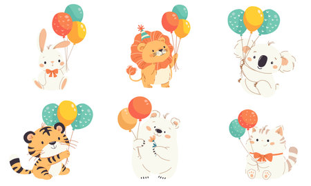 Vector set illustration for birthday. Cute animals panda, polar bear, lion, cat, tiger and panda with balloons and confetti on white background . Vector illustrationのイラスト素材