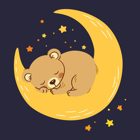 Cute vector illustration in childrens style. Cute bear cub sleeping on the moon, night sky . Vector illustrationのイラスト素材