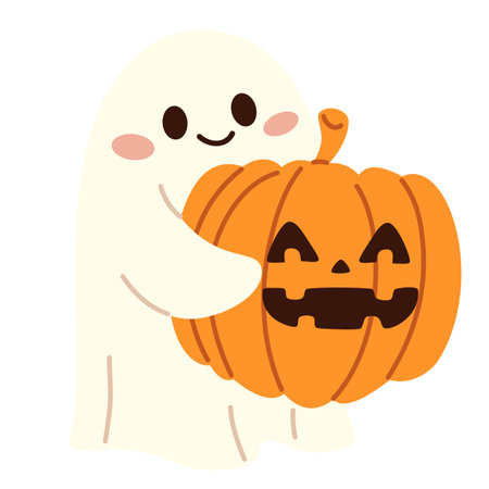 Flat vector illustration in childrens style on white background. Cute ghost holding a pumpkin. Funny illustration for Halloween . Vector illustrationのイラスト素材