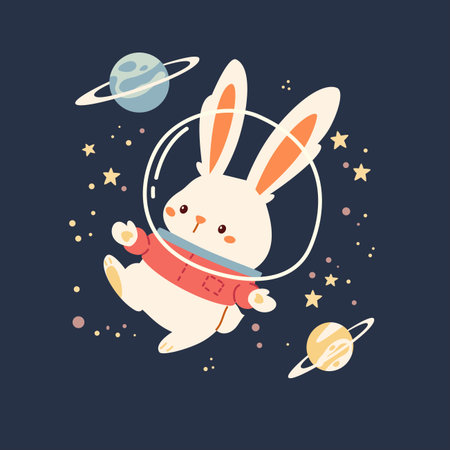 Flat vector illustration in a cute childish style. Cute bunny flying in space in a mangle among planets and stars . Vector illustrationのイラスト素材