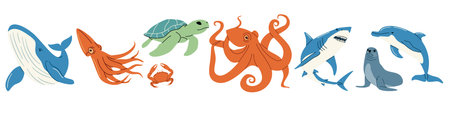 Set of flat vector illustrations. Animals of the sea, whale dolphin crab squid octopus seals turtle shark. . Vector illustrationのイラスト素材