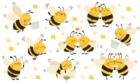 Vector collection of cute childrens illustrations. Cute bees collecting honey, hugging kissing and flying. . Vector illustrationのイラスト素材