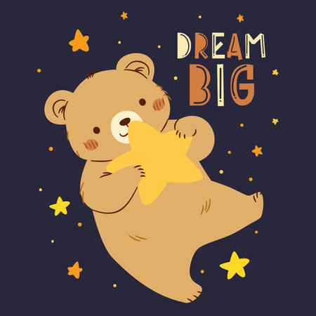 Cute vector illustration in childrens style. Cute bear cub flying in the sky and holding a star in his paws, night sky. Lettering Big Dream . Vector illustrationのイラスト素材