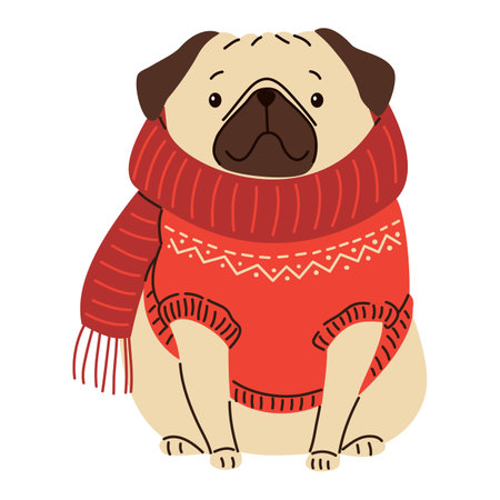 Flat vector illustration in childrens style. Cute pug in a warm sweater. Christmas illustration. Vector illustrationのイラスト素材