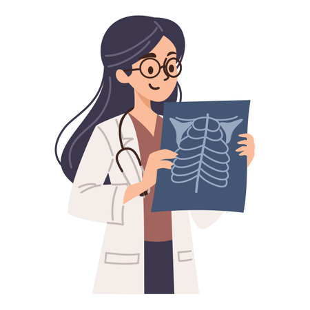 Flat vector illustration on white background. Cute female doctor holding X-ray image in her hands. Vector illustrationのイラスト素材