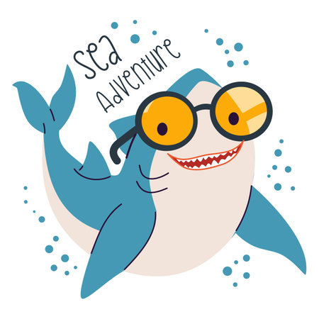 Flat vector illustration in childrens style, print dl print on childrens products. Cute shark with sunglasses, sea adventure lettering . Vector illustrationのイラスト素材