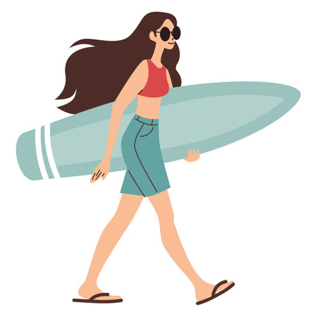 Flat vector illustration. Cute woman goes to the beach and carries a surfboard. Vector illustrationのイラスト素材