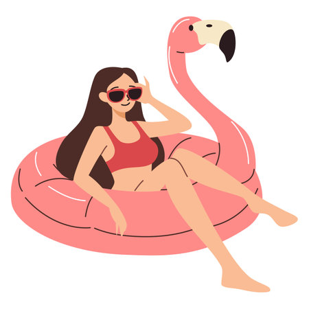 Flat vector illustration. Cute woman swimming on inflatable circle in the shape of flamingo. Vector illustrationのイラスト素材