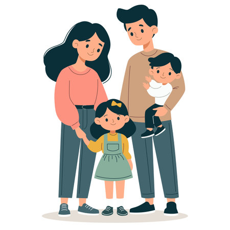 Flat vector illustration. Cute family, mom, dad, daughter and son on white background . Vector illustrationのイラスト素材