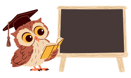 A cute owl with glasses stands next to the blackboard. A place for your text on the blackboard. Vector illustration in childrens style . Vector illustrationのイラスト素材