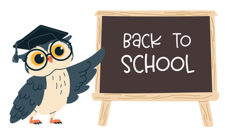 Flat vector illustration in childrens style. Cute owl with glasses is pointing at a school blackboard, lettering back to school. Vector illustrationのイラスト素材