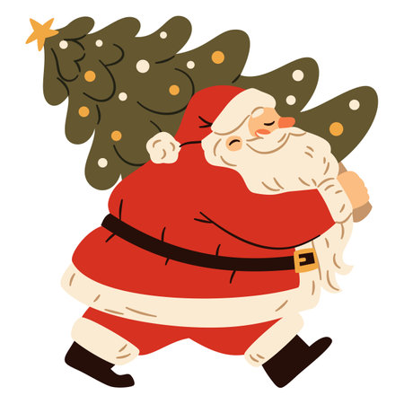 Flat vector illustration in childrens style. Cute Santa Claus is rushing to the holiday and carrying a Christmas tree. Vector illustrationのイラスト素材